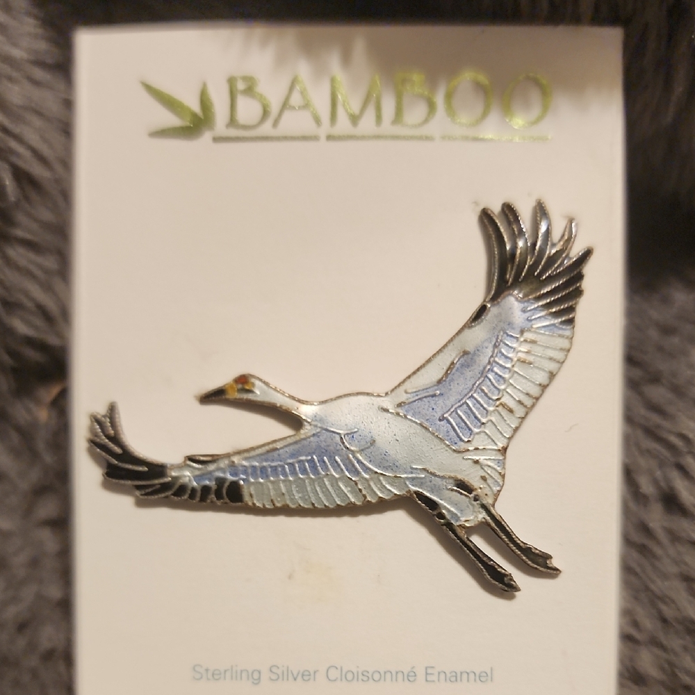 BAMBOO 925 Sterling Silver Enamel Whooping Crane Pin